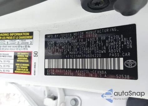 2023 Toyota Camry Le Hybrid z USA, uszkodzony, nr VIN 4T1C31AK7PU604220